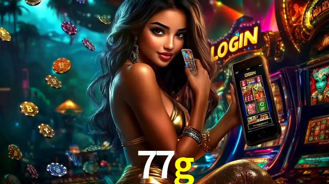 Mulher em um cenário de cassino temático de aventura, mostrando o app de caça-níqueis da 77g no celular. Fichas de apostas flutuam ao redor.