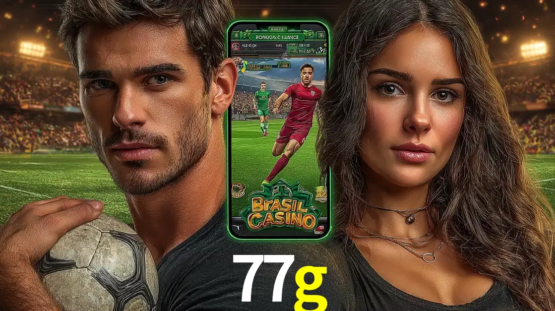 Homem segurando uma bola de futebol e uma mulher ao lado de um smartphone exibindo o jogo de apostas esportivas da 77g. Faça seu palpite no cassino online.